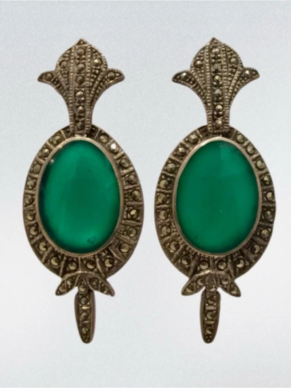 Vintage Sterling Deco Green Cab Stone & Marcasite Dangle Drop Earrings 2.25” 16g